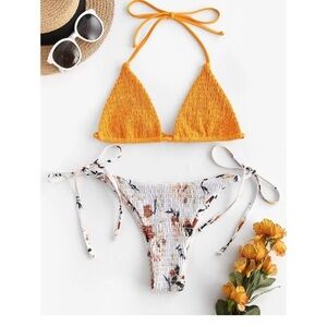 Zaful Women's Small Womens White Floral Smocked Triangle High Cut String Bikini